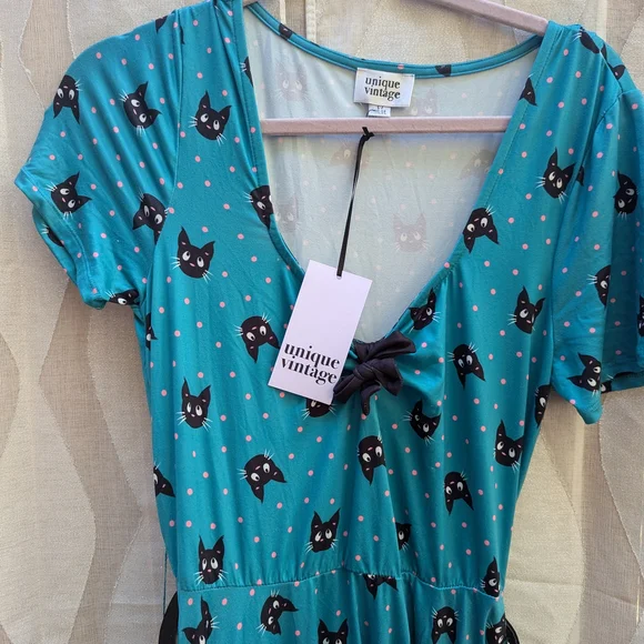 Unique Vintage Teal Cat Pattern Midi Dress - Picture 4 of 13